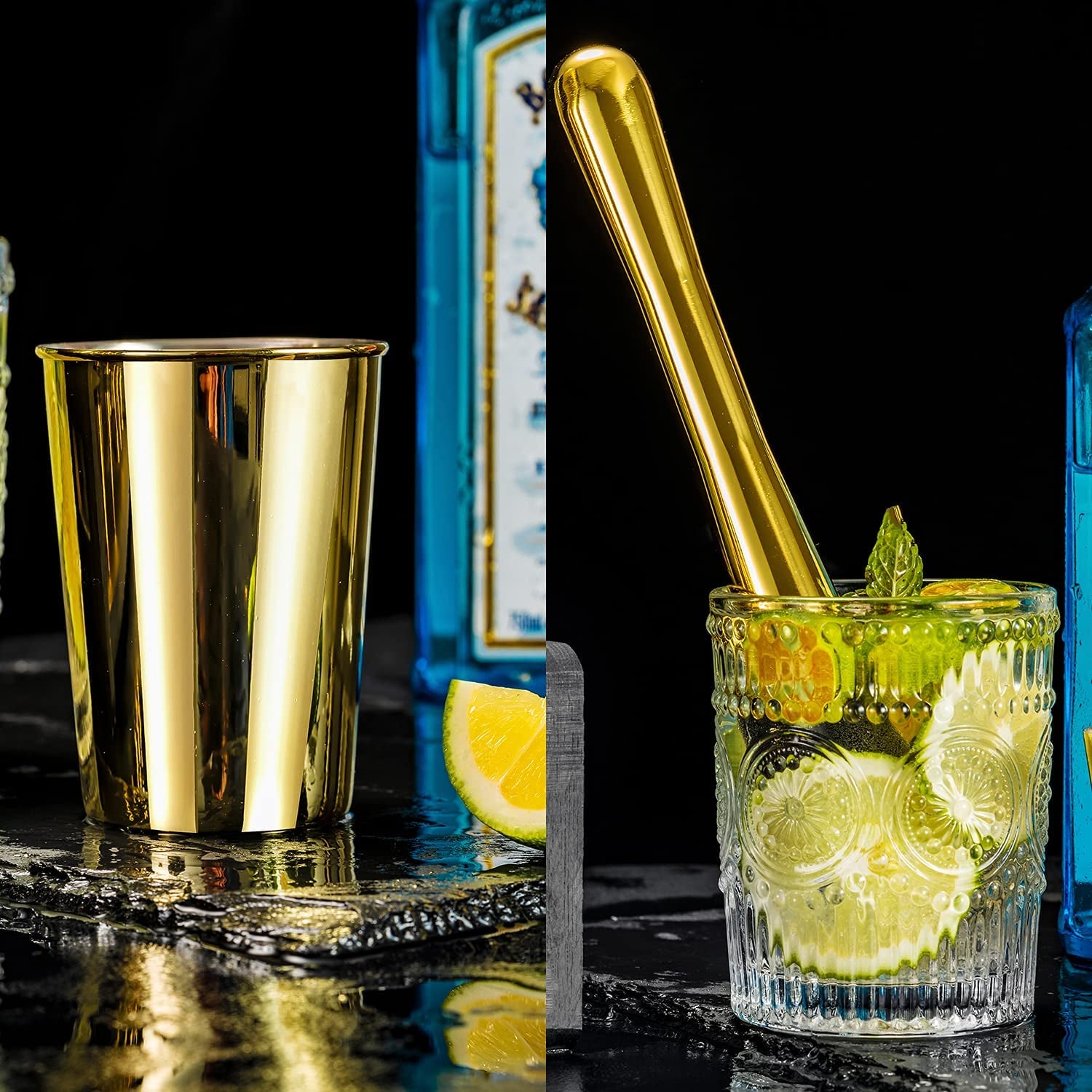 24-Piece Cocktail Shaker Set,Perfect Home Bartender Kit for Drink Mixing,Stainless Steel Bar Tools with Stand,Velvet Carry Bag & Recipes Cards Included (Gold)