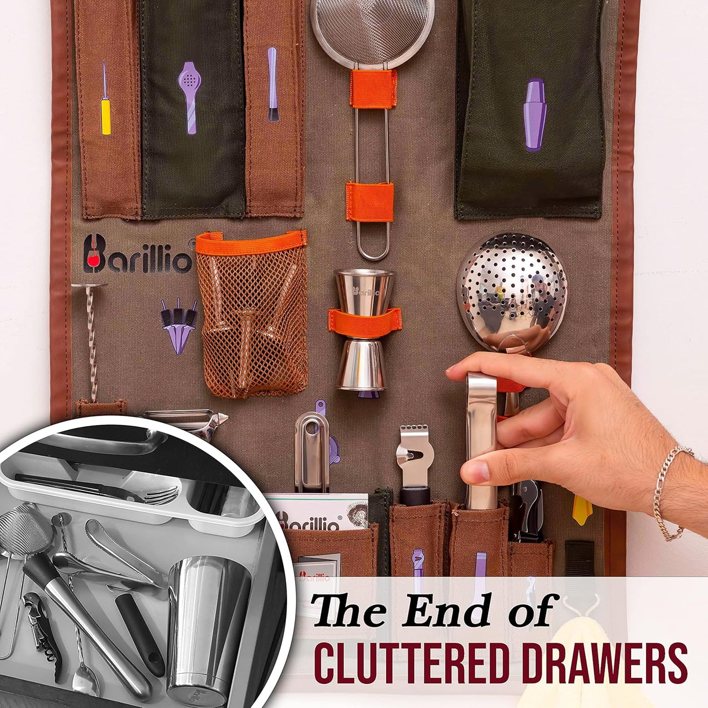 Bartender Wall Organizer with Martini Shaker Set | Professional Mixology Bartender Kit for Cocktail & Drink Mixing | Perfect Portable Bar Kit for Home Bartending (Small)