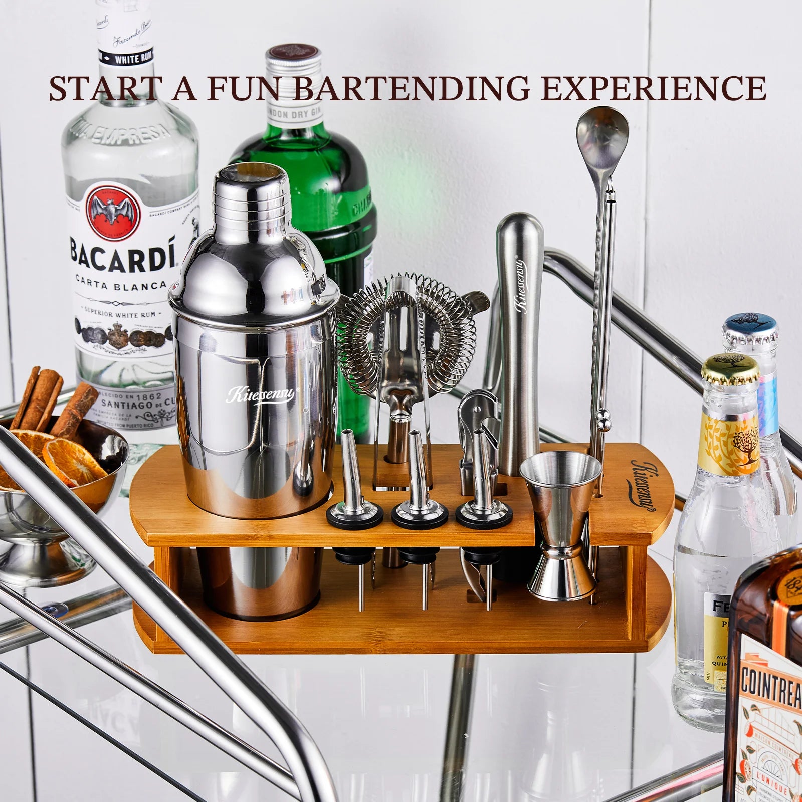 Cocktail Shaker Set Bartender Kit, 15Pcs Stainless Steel Drink Mixer Set, Bar Set with Bar Accessory Tools: Martini Shaker, Jigger, Strainer, Mixer Spoon, Muddler, Liquor Pourers-Silver