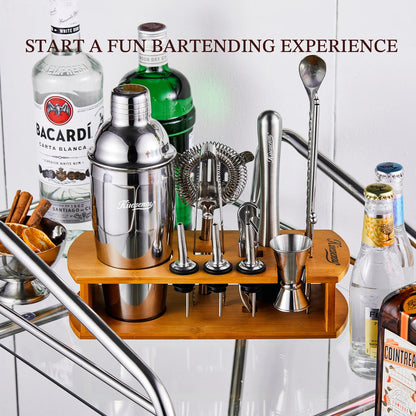 Cocktail Shaker Set Bartender Kit, 15Pcs Stainless Steel Drink Mixer Set, Bar Set with Bar Accessory Tools: Martini Shaker, Jigger, Strainer, Mixer Spoon, Muddler, Liquor Pourers-Silver