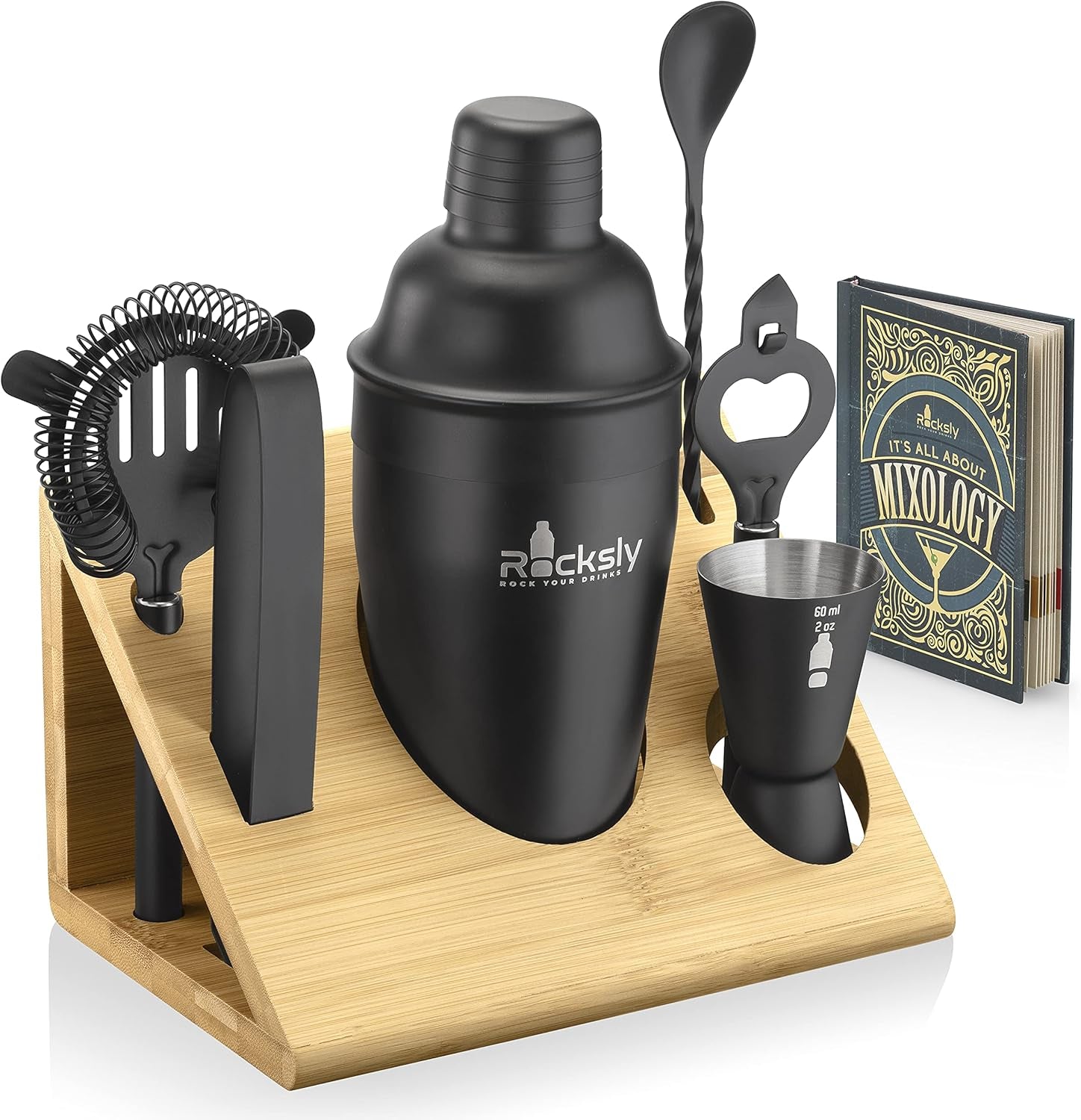 Mixology Bartender Kit and Cocktail Shaker Set for Drink Mixing | Mixology Set with 6 Bar Set Tools and Bamboo Stand Makes It the Perfect Home Cocktail Kit | Complete Bartender Kit (Black)