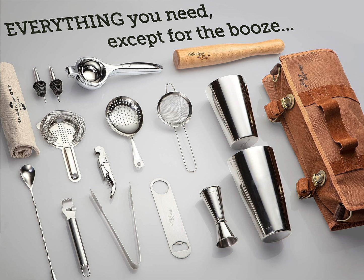 Travel Bartender Kit Bag | Professional 17-Piece Silver Bar Tool Set with Portable Bar Bag and Shoulder Strap for Easy Carry and Storage | Best Travel Bar Set for Home Cocktail Making, Work, Parties