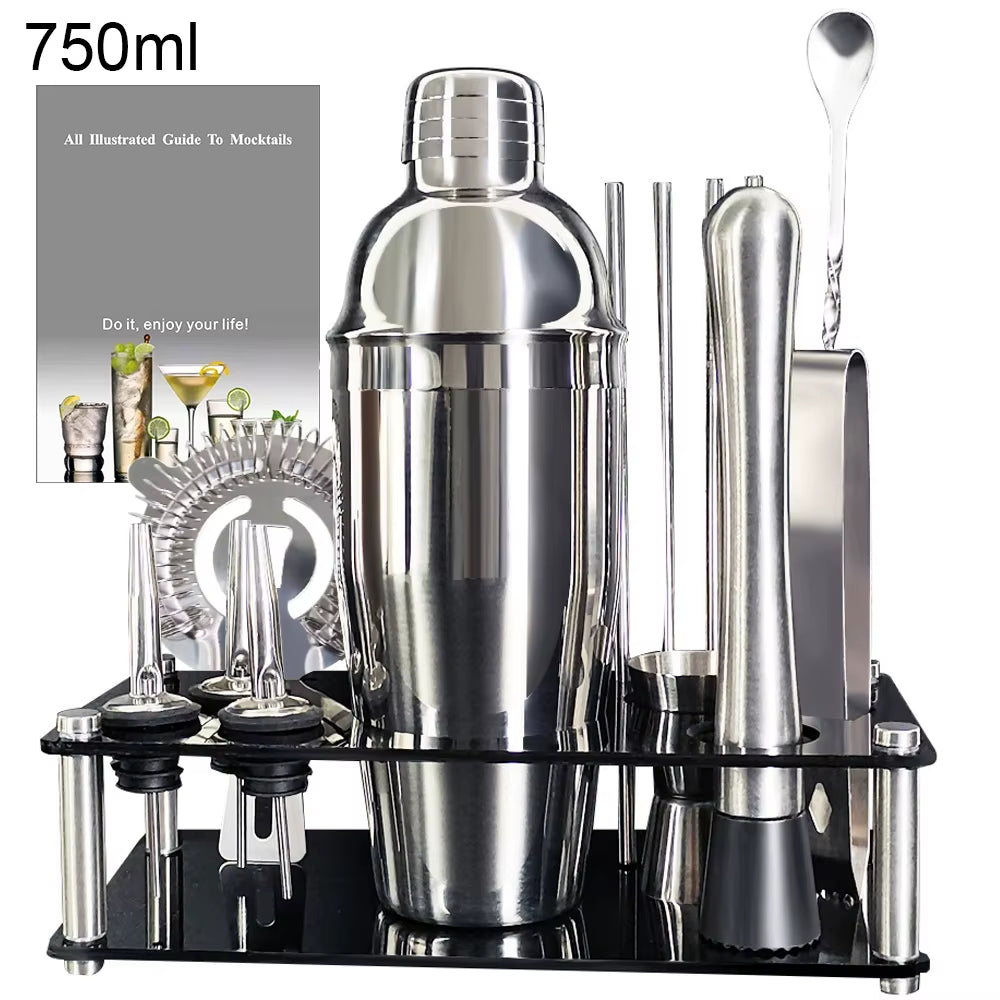 13 Piece 750Ml 600Ml Cocktail Shaker Set Stainless Steel Bar Tools with Black Stand, 750Ml Shaker, Jigger, Spoon, Pourers