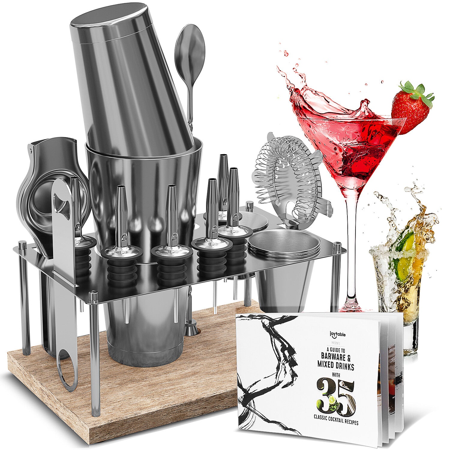 16 Pc+Stand Bartender Kit, Complete Cocktail Shaker Bar Tools Set & Recipe Book