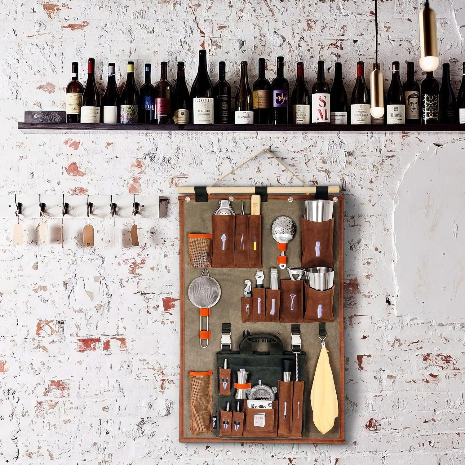 Bartender Wall Organizer with Bar Tool Set | Professional Bartender Kit with Waxed Canvas Organiser Including Portable Bar Bag for Cocktail Kit | Perfect for Home Bartending