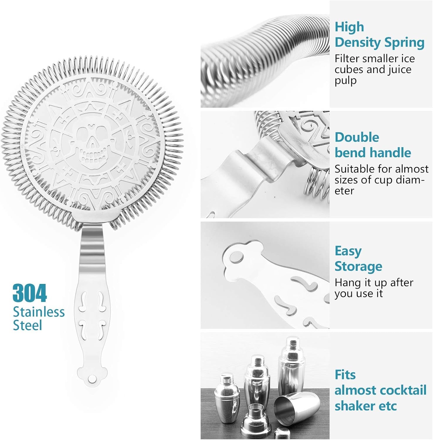 Cocktail Strainer with Spring, Skull Martini Drink Strainer, Stainless Steel Hawthorne Strainer for Bar Tools(Silver)