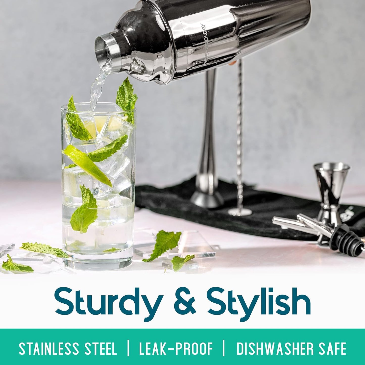 Mixology Cocktail Shaker Set Drink Mixer, 8-Piece Portable Bartender Kit with 24Oz Martini Shaker Barware Tool Set, 2 Pourers, Muddler, Jigger, Mixing Spoon, Velvet Bag, Built-In Strainer (Silver)