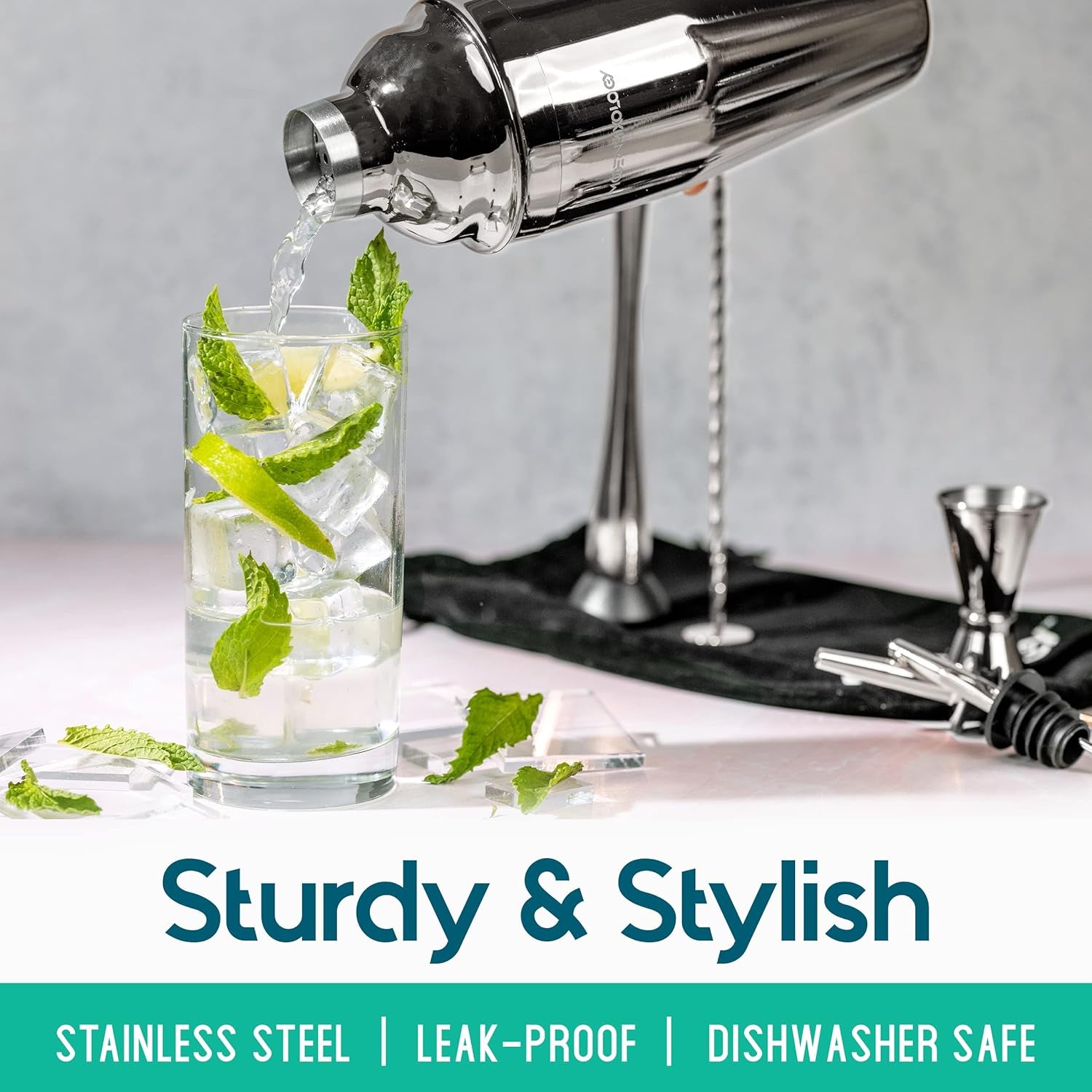 Mixology Cocktail Shaker Set Drink Mixer, 8-Piece Portable Bartender Kit with 24Oz Martini Shaker Barware Tool Set, 2 Pourers, Muddler, Jigger, Mixing Spoon, Velvet Bag, Built-In Strainer (Silver)