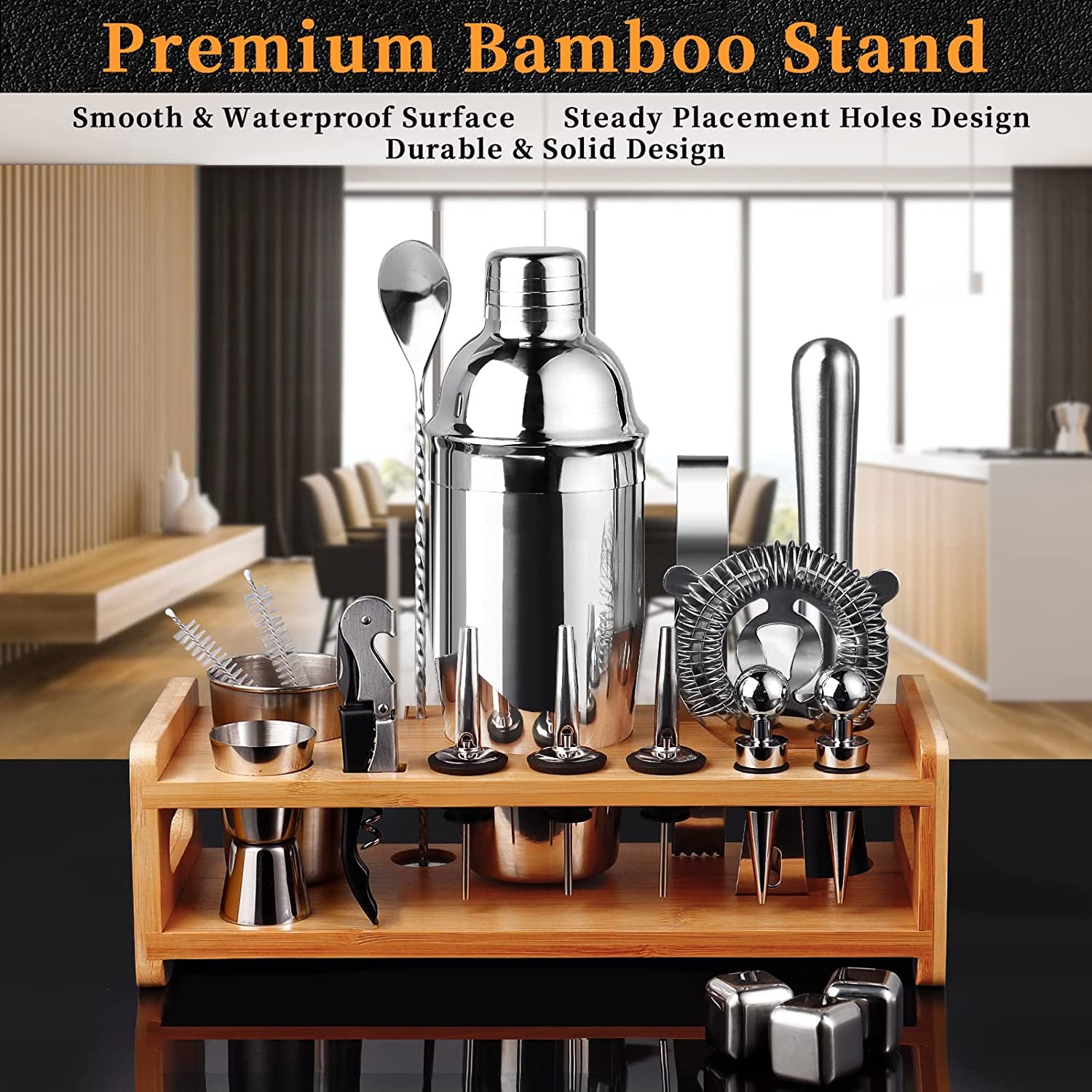 26-Piece Bartender Kit Cocktail Shaker Set | Stainless Steel Bar Set with Bamboo Stand Bar Tools Cocktail Kit for Christmas Drink Mixing,Home Bar Party Gift Bartending Kit Silver