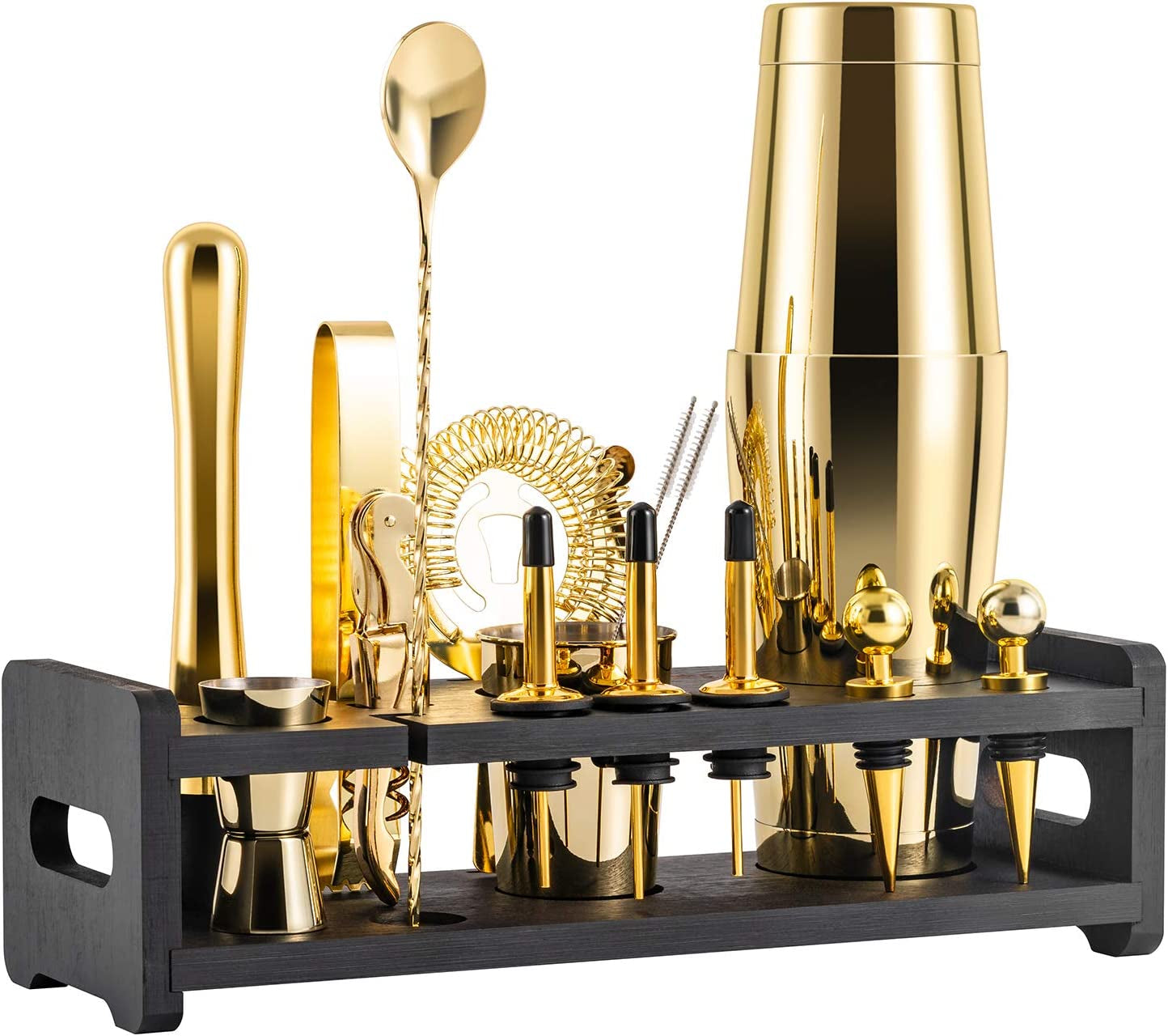 24-Piece Cocktail Shaker Set,Perfect Home Bartender Kit for Drink Mixing,Stainless Steel Bar Tools with Stand,Velvet Carry Bag & Recipes Cards Included (Gold)