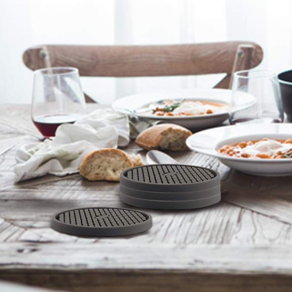 Silicone Coasters [6 Pack] Thickened Drink Coasters with Holder - Cup Mat - Non-Slip, Non-Stick, Stay Put, Deep Tray - Prevents Furniture and Tabletop Damages(Gray)