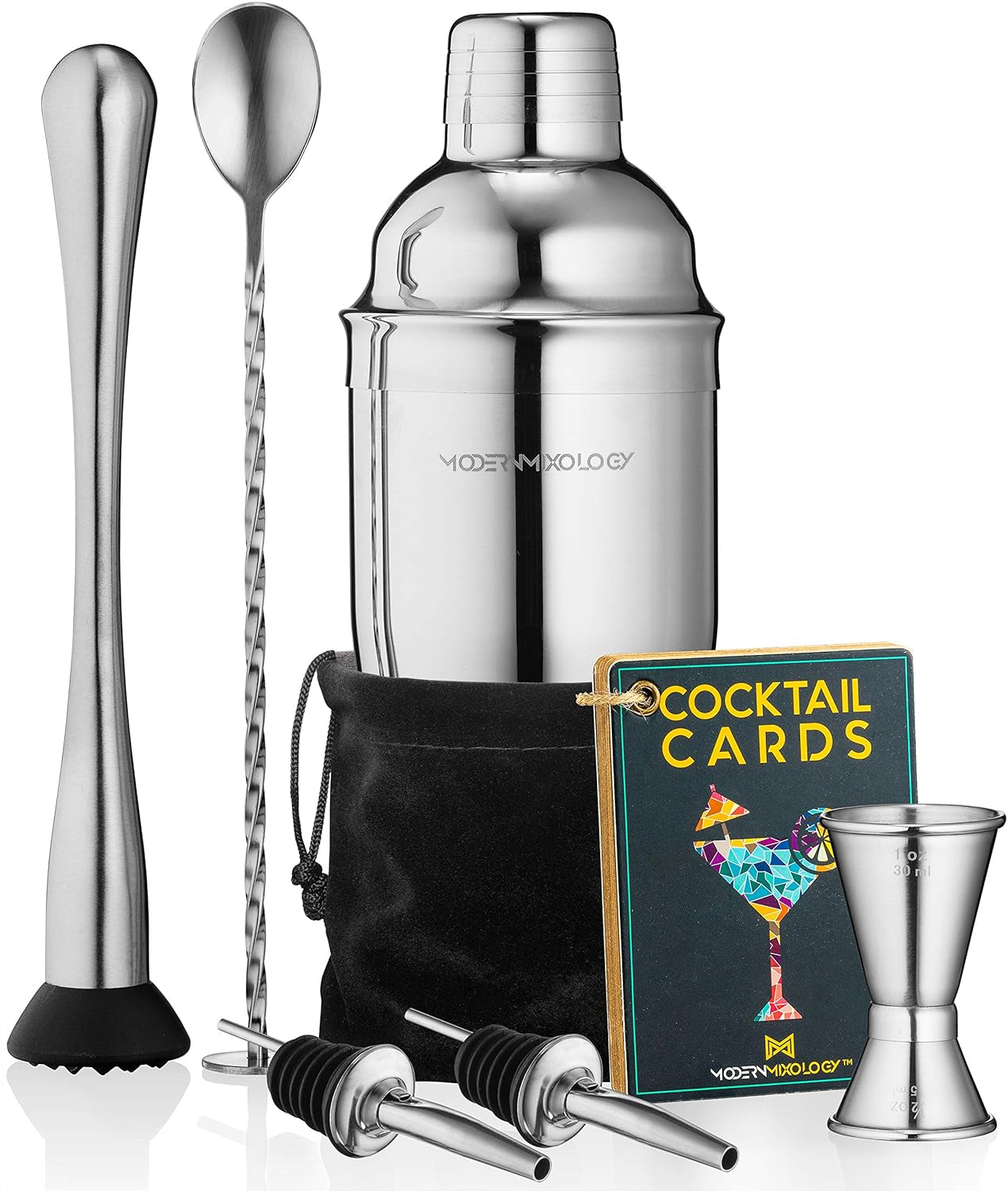 Mixology Cocktail Shaker Set Drink Mixer, 8-Piece Portable Bartender Kit with 24Oz Martini Shaker Barware Tool Set, 2 Pourers, Muddler, Jigger, Mixing Spoon, Velvet Bag, Built-In Strainer (Silver)