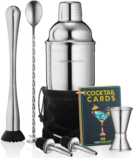 Mixology Cocktail Shaker Set Drink Mixer, 8-Piece Portable Bartender Kit with 24Oz Martini Shaker Barware Tool Set, 2 Pourers, Muddler, Jigger, Mixing Spoon, Velvet Bag, Built-In Strainer (Silver)
