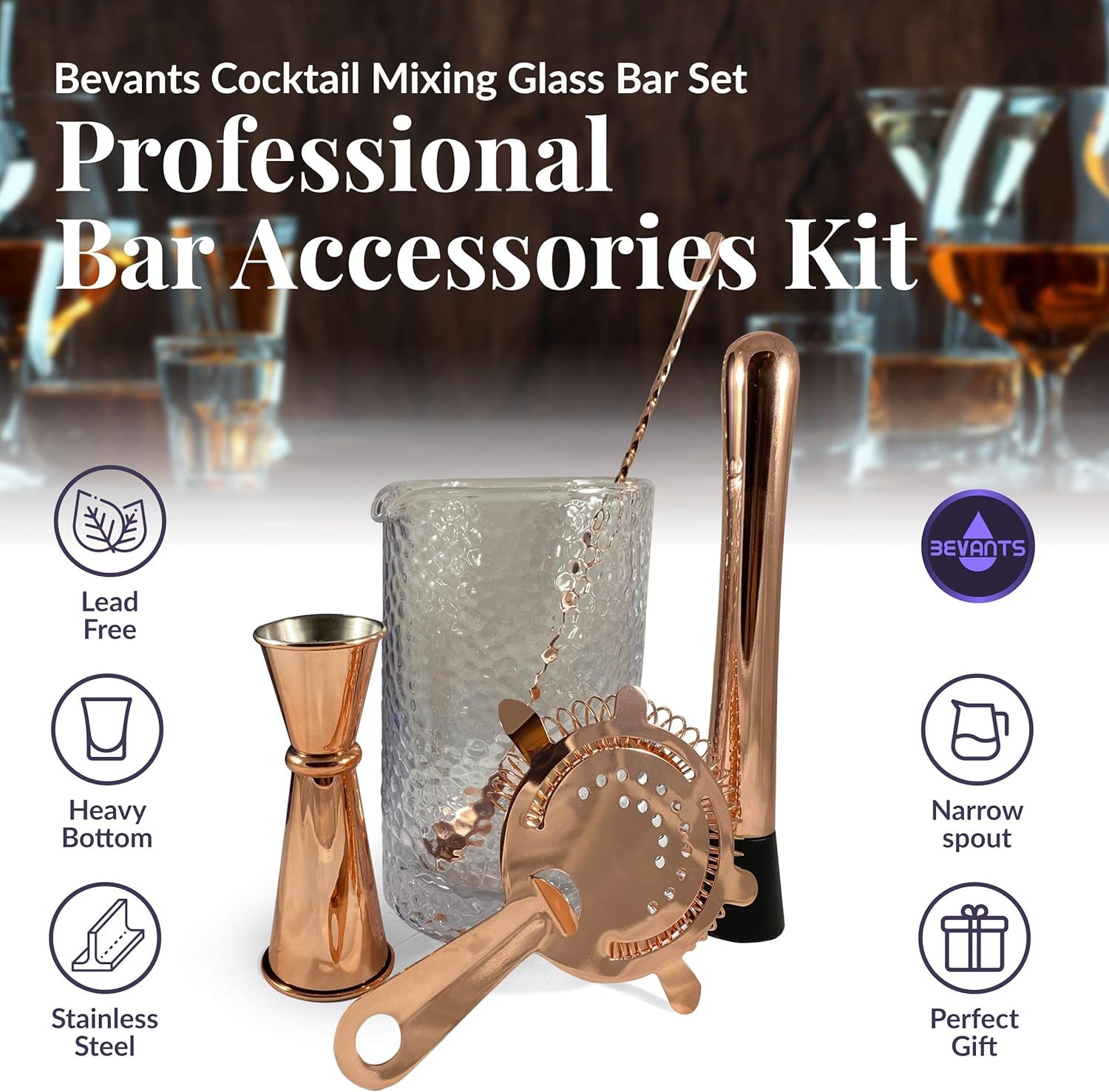 Bar Mixing Glass Set-Large 24 Oz Bartender Kit for Home Bar- Copper