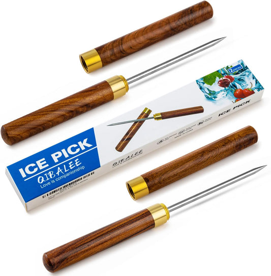 Ice Pick 2Pcs. Ice Picks for Breaking Ice. 9 Inches Length. Secure Wooden Caps and Non-Slip Wooden Handles. Easy to Store. for Use in Kitchen Bars Bartender Picnics Camping& Restaurant