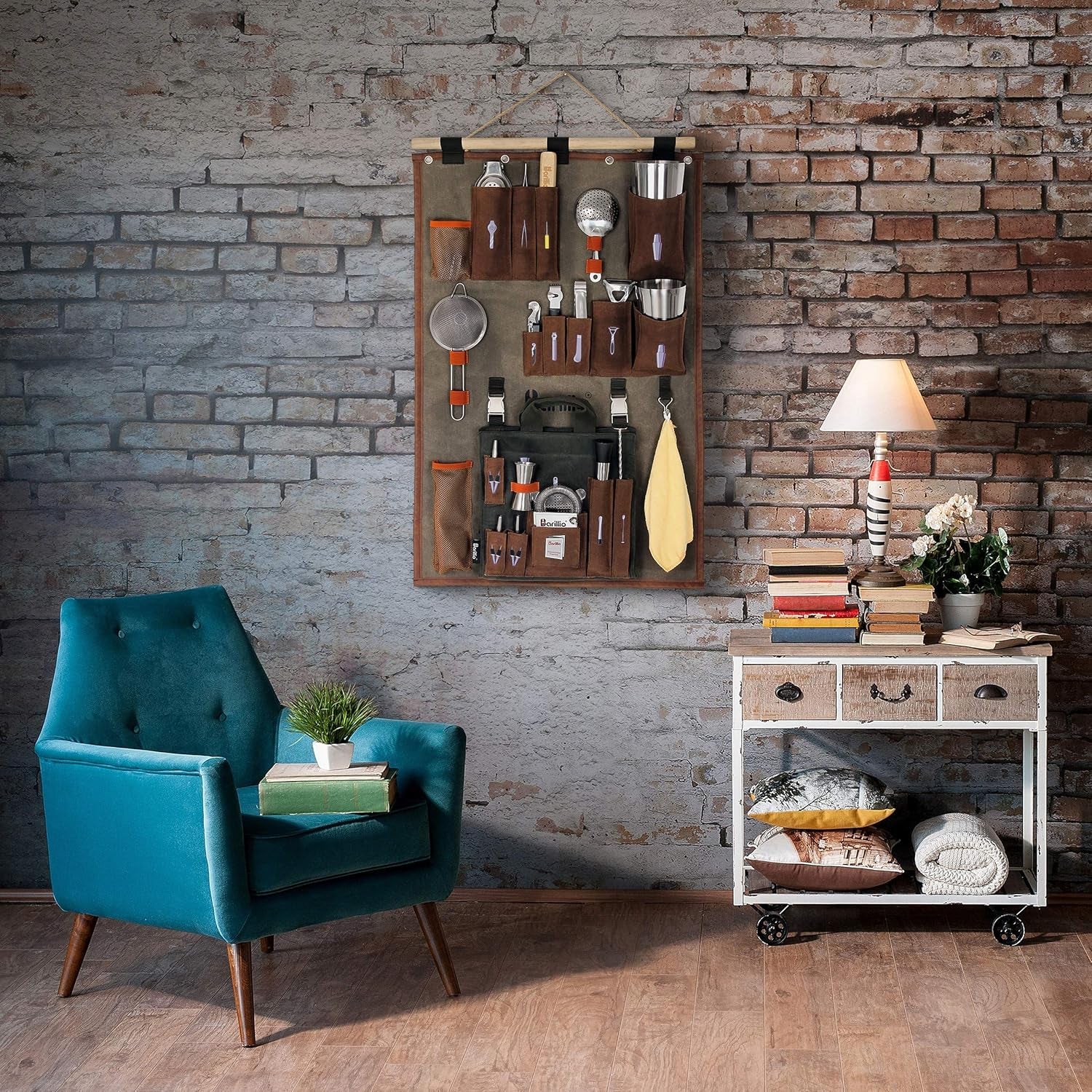 Bartender Wall Organizer with Bar Tool Set | Professional Bartender Kit with Waxed Canvas Organiser Including Portable Bar Bag for Cocktail Kit | Perfect for Home Bartending