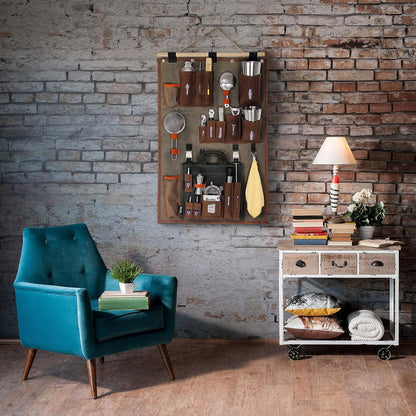 Bartender Wall Organizer with Bar Tool Set | Professional Bartender Kit with Waxed Canvas Organiser Including Portable Bar Bag for Cocktail Kit | Perfect for Home Bartending