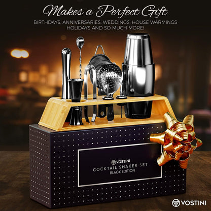 12-Piece Black Cocktail Shaker Set with Bamboo Stand, Weighted 18 & 28Oz Boston Shakers, Cocktail Muddler, Mixing Spoon, Double Jigger and Strainer Set, Perfect Bartending Mixing Kit