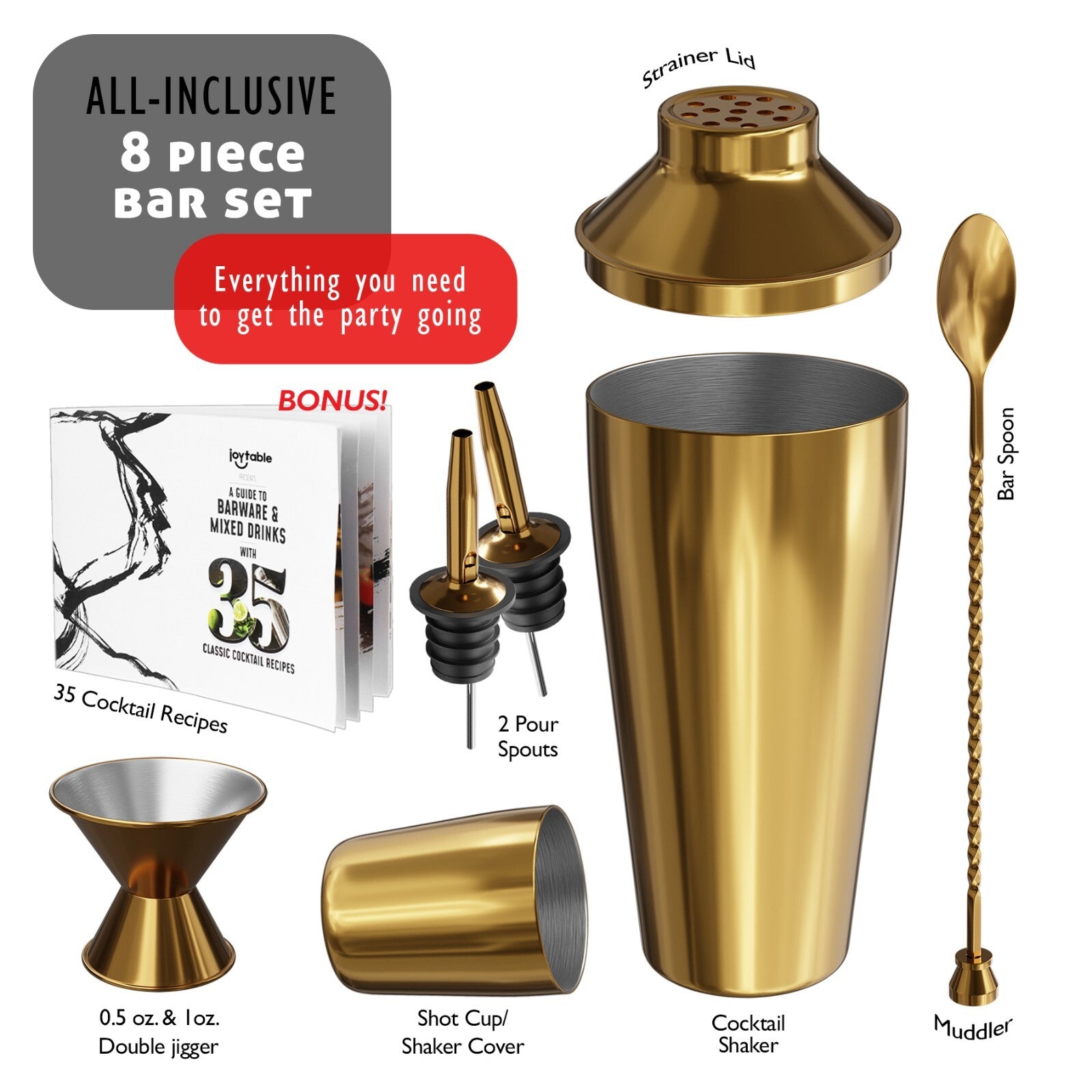 8 PC Bartender Kit, Complete Cocktail Shaker Bar Tools Set - Recipe Book & More