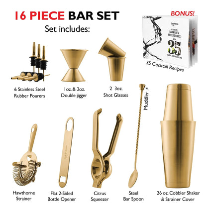 Bartender Kit - Cocktail Set Kit - Bartender Drink Mixer Shaker Bar Tool Set Gold 16 Piece Set