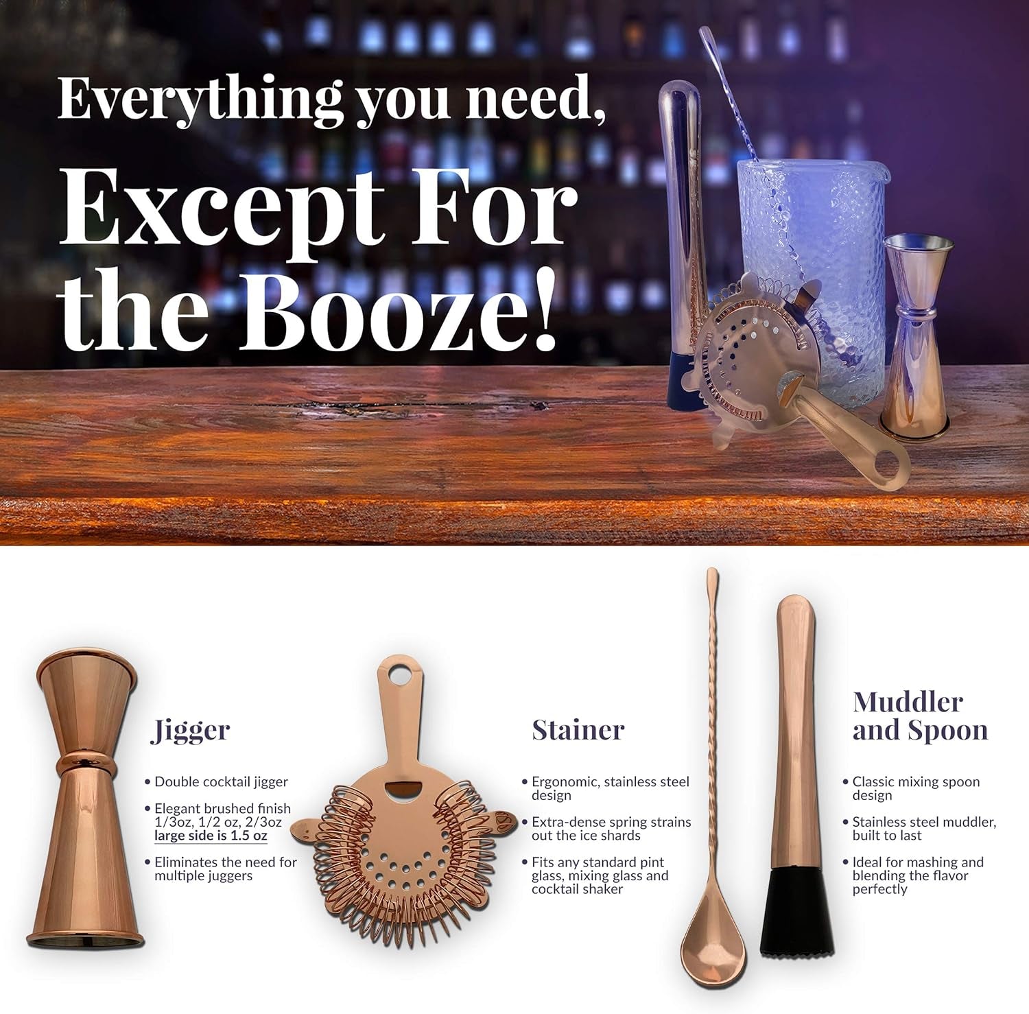Bar Mixing Glass Set-Large 24 Oz Bartender Kit for Home Bar- Copper