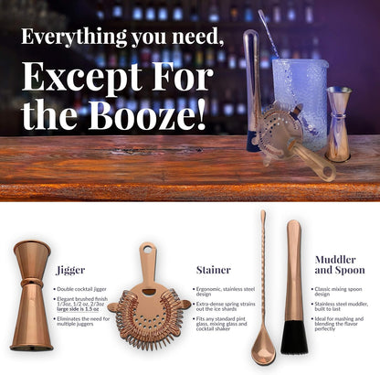 Bar Mixing Glass Set-Large 24 Oz Bartender Kit for Home Bar- Copper