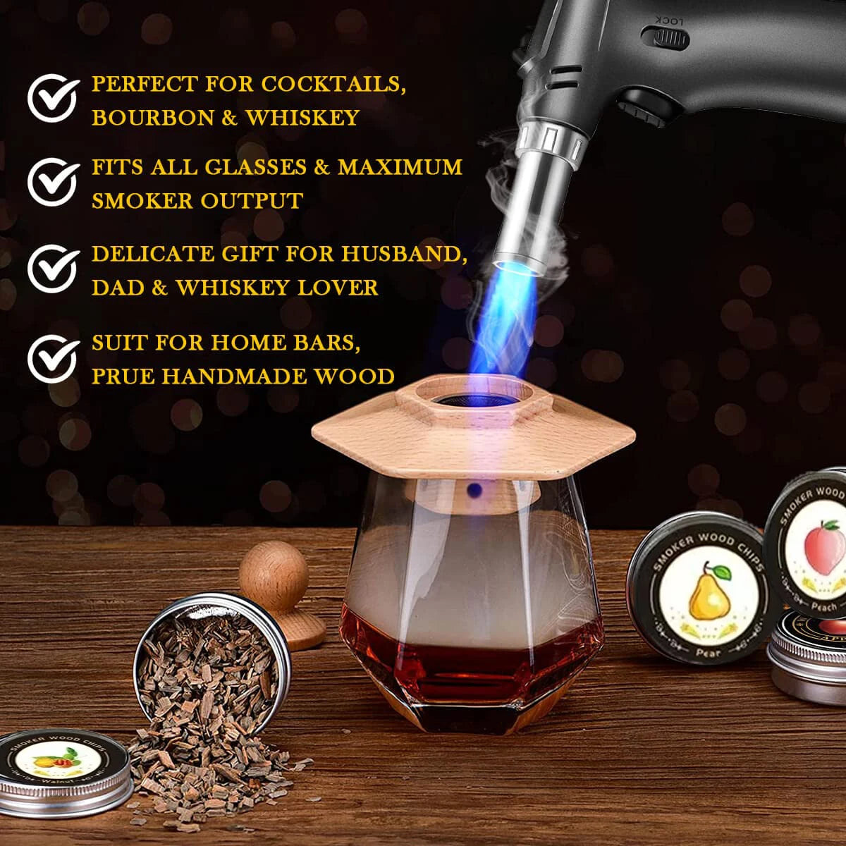 Cocktail Smoker Kit for Bourbon Whiskey Gifts for Men Drink Smoker Infuser Old Fashioned Smoker Kit with Wood Chips for Bar Tool