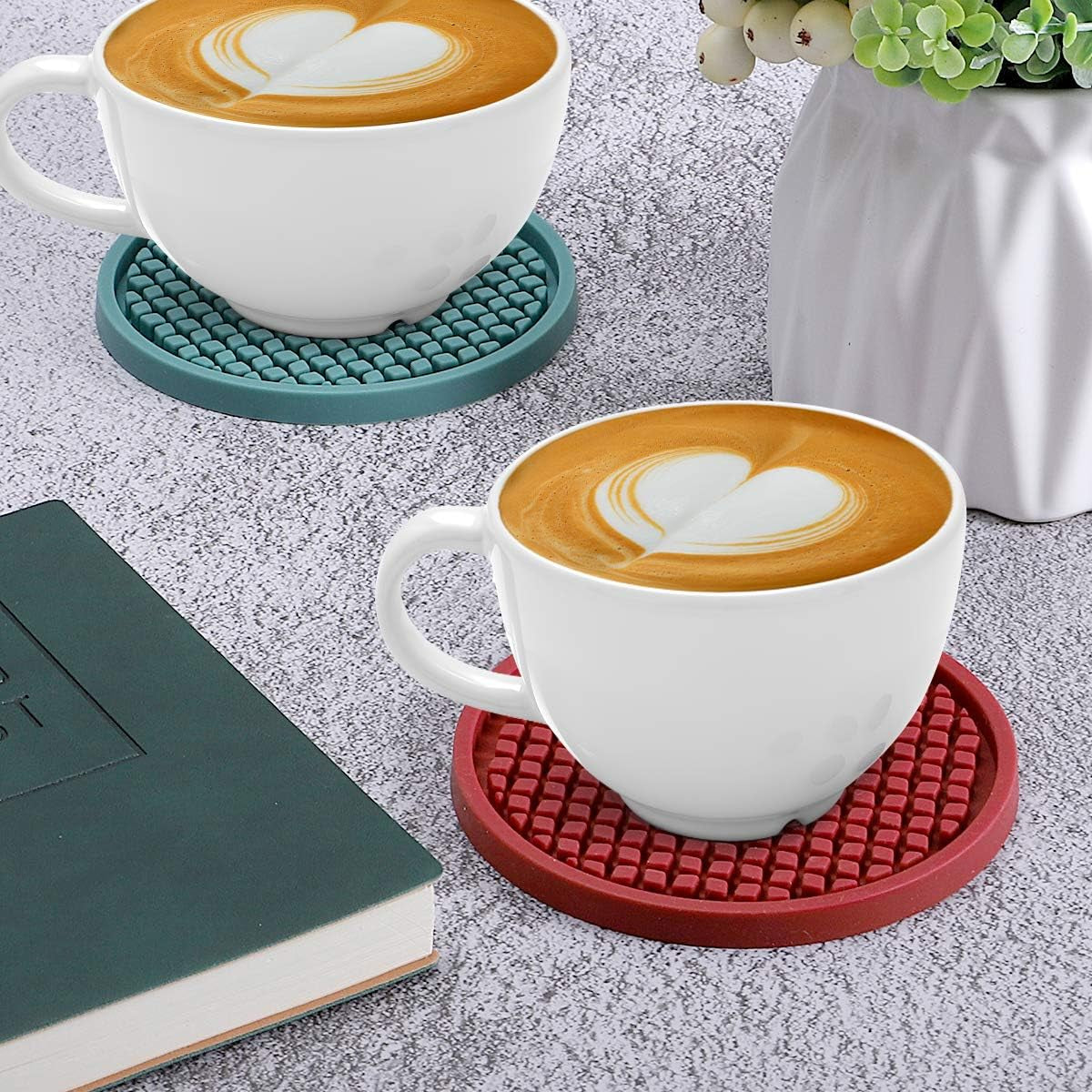 Silicone Coasters [6 Pack] Thickened Drink Coasters with Holder - Cup Mat - Non-Slip, Non-Stick, Stay Put, Deep Tray - Prevents Furniture and Tabletop Damages(Teal Blue)
