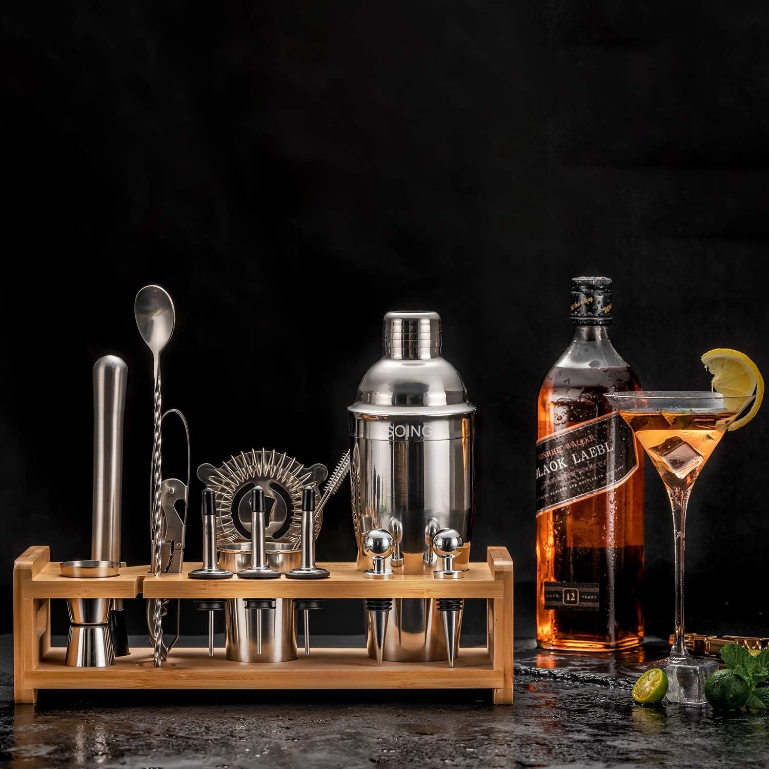 Silver 24-Piece Cocktail Shaker Set,Perfect Home Bartending Kit for Drink Mixing,Stainless Steel Bar Tools with Stand,Velvet Carry Bag & Recipes Included