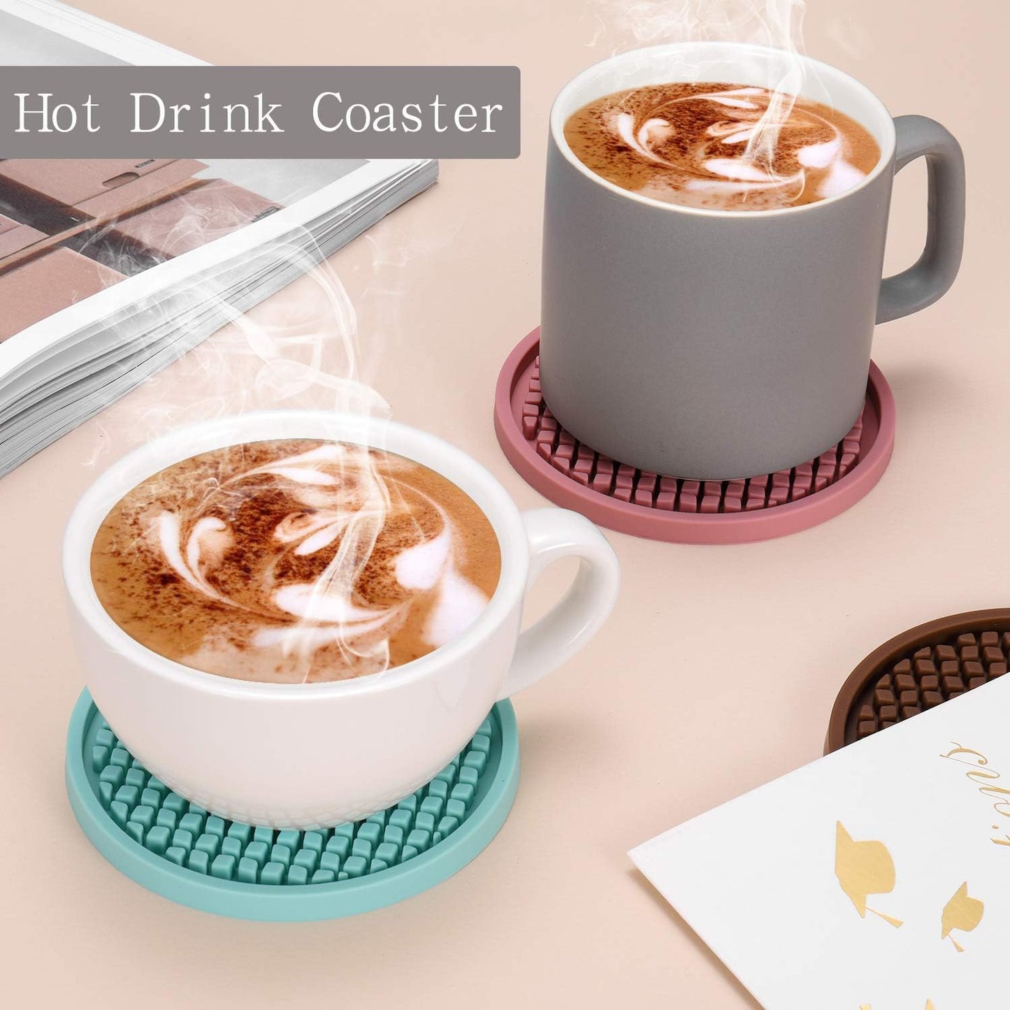 Silicone Coasters [6 Pack] Thickened Drink Coasters with Holder - Cup Mat - Non-Slip, Non-Stick, Stay Put, Deep Tray - Prevents Furniture and Tabletop Damages(Gray)