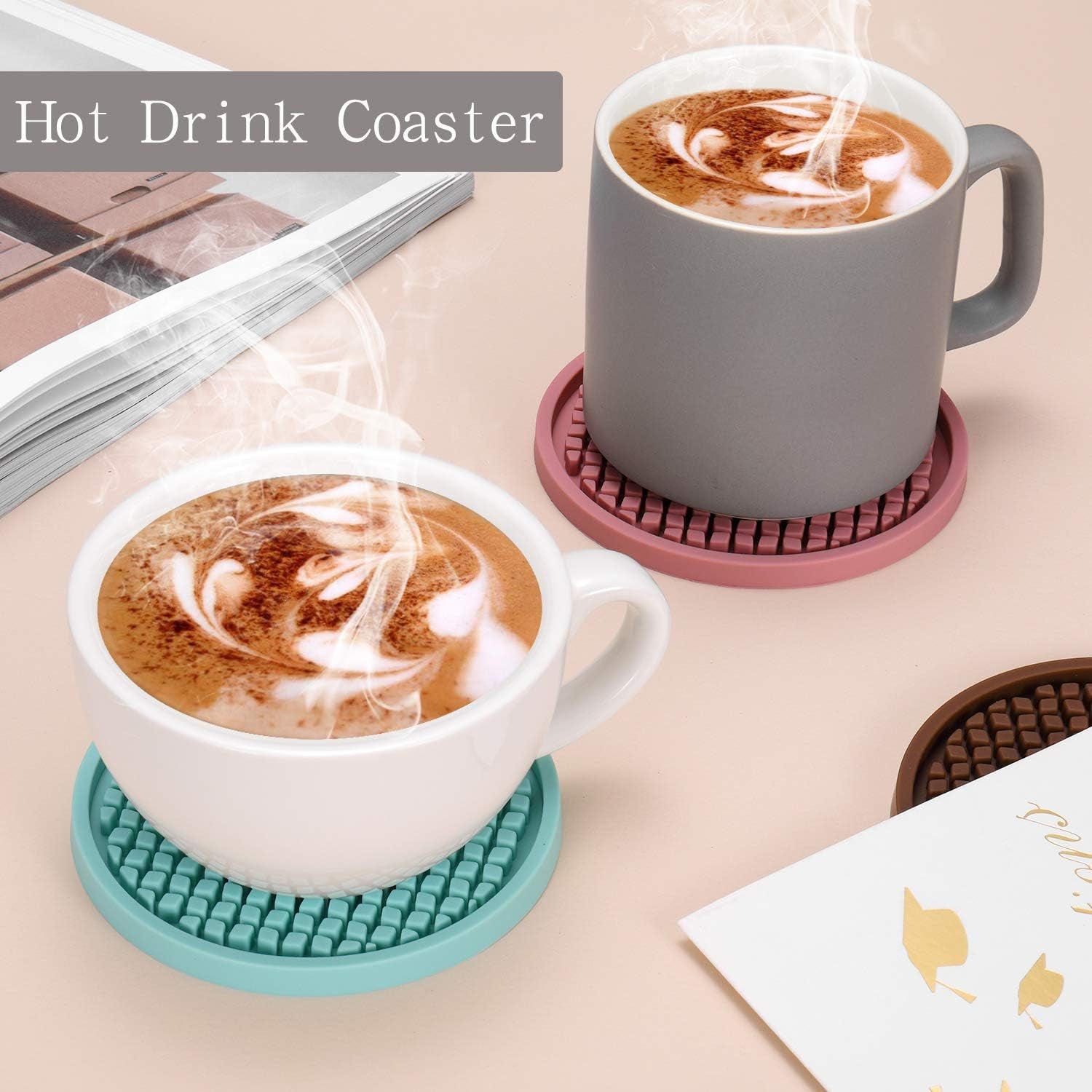 Silicone Coasters [6 Pack] Thickened Drink Coasters with Holder - Cup Mat - Non-Slip, Non-Stick, Stay Put, Deep Tray - Prevents Furniture and Tabletop Damages(Gray)