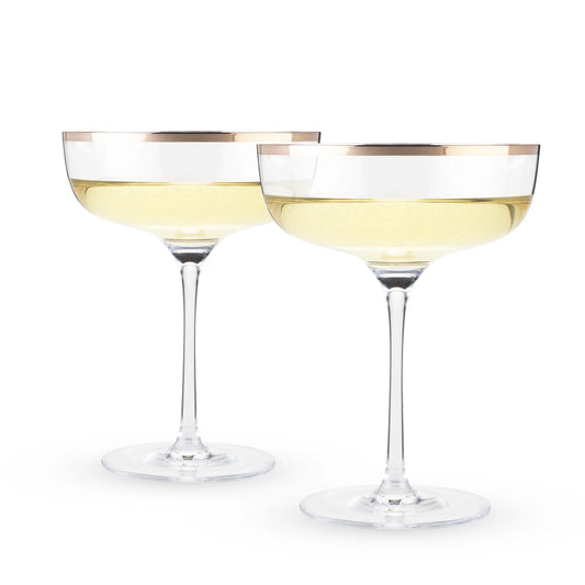 Copper Rim Vintage Cocktail Crystal Champagne Coupe Glasses, Set of 2