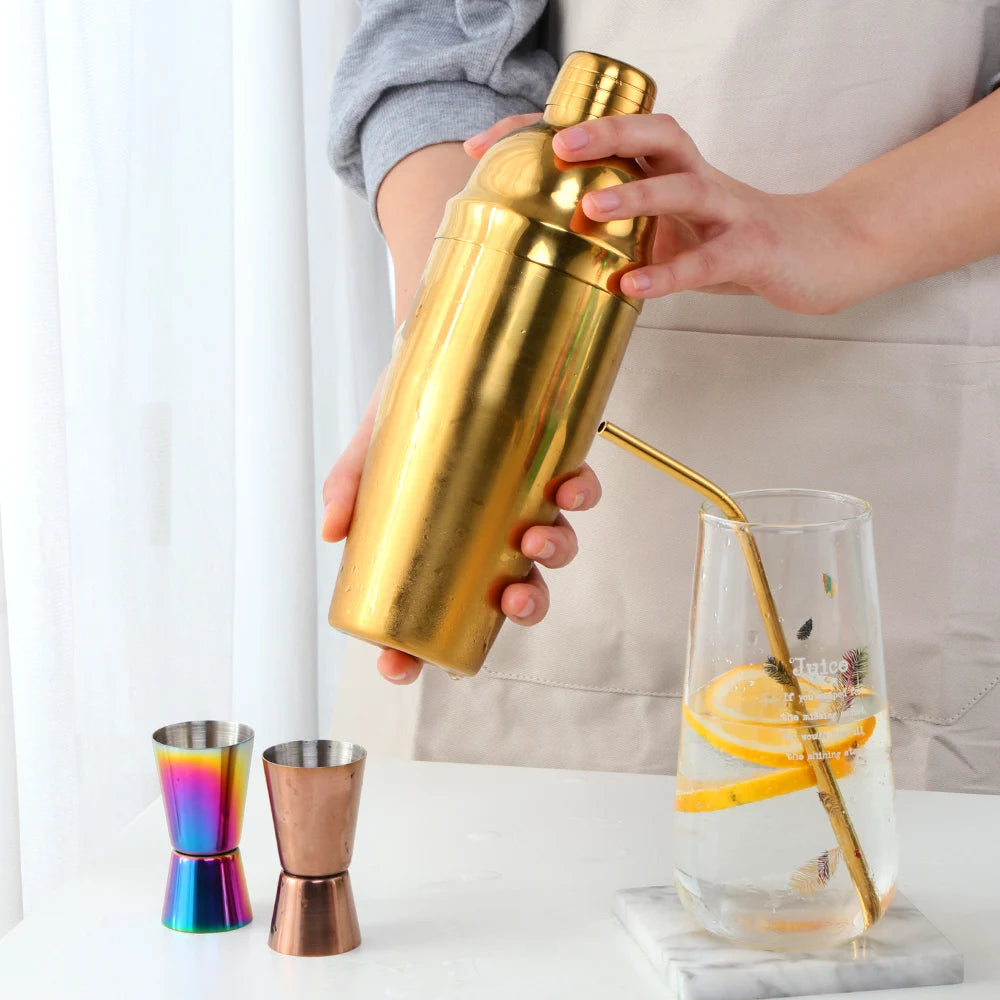750Ml Stainless Steel Boston Cocktail Set Shaker Wine Pourers Gold Bar Tool Set with Strainer Measure Cup Bartender