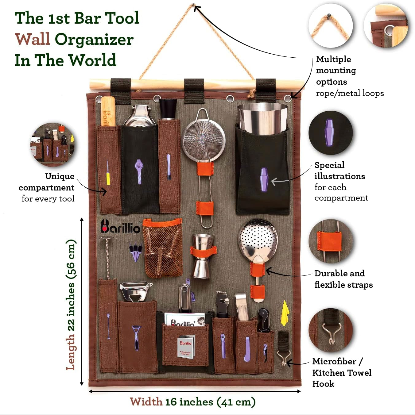 Bartender Wall Organizer with Martini Shaker Set | Professional Mixology Bartender Kit for Cocktail & Drink Mixing | Perfect Portable Bar Kit for Home Bartending (Small)