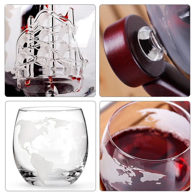 Whiskey Glass Set Crystal Globe Liquor Carafe for Whisky Vodka Sailboat in Decanter with Finished Wooden Stand Bar Tools Cup Hot