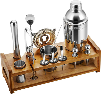 Silver 24-Piece Cocktail Shaker Set,Perfect Home Bartending Kit for Drink Mixing,Stainless Steel Bar Tools with Stand,Velvet Carry Bag & Recipes Included