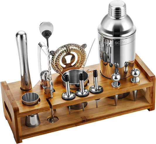 Silver 24-Piece Cocktail Shaker Set,Perfect Home Bartending Kit for Drink Mixing,Stainless Steel Bar Tools with Stand,Velvet Carry Bag & Recipes Included