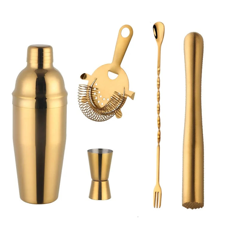 750Ml Stainless Steel Boston Cocktail Set Shaker Wine Pourers Gold Bar Tool Set with Strainer Measure Cup Bartender