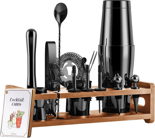 Mixology 24-Piece Bartender Kit,Perfect Home Cocktail Shaker Set for Drink Mixing,Stainless Steel Bar Tools with Stand,Velvet Carry Bag & Recipes Cards Included