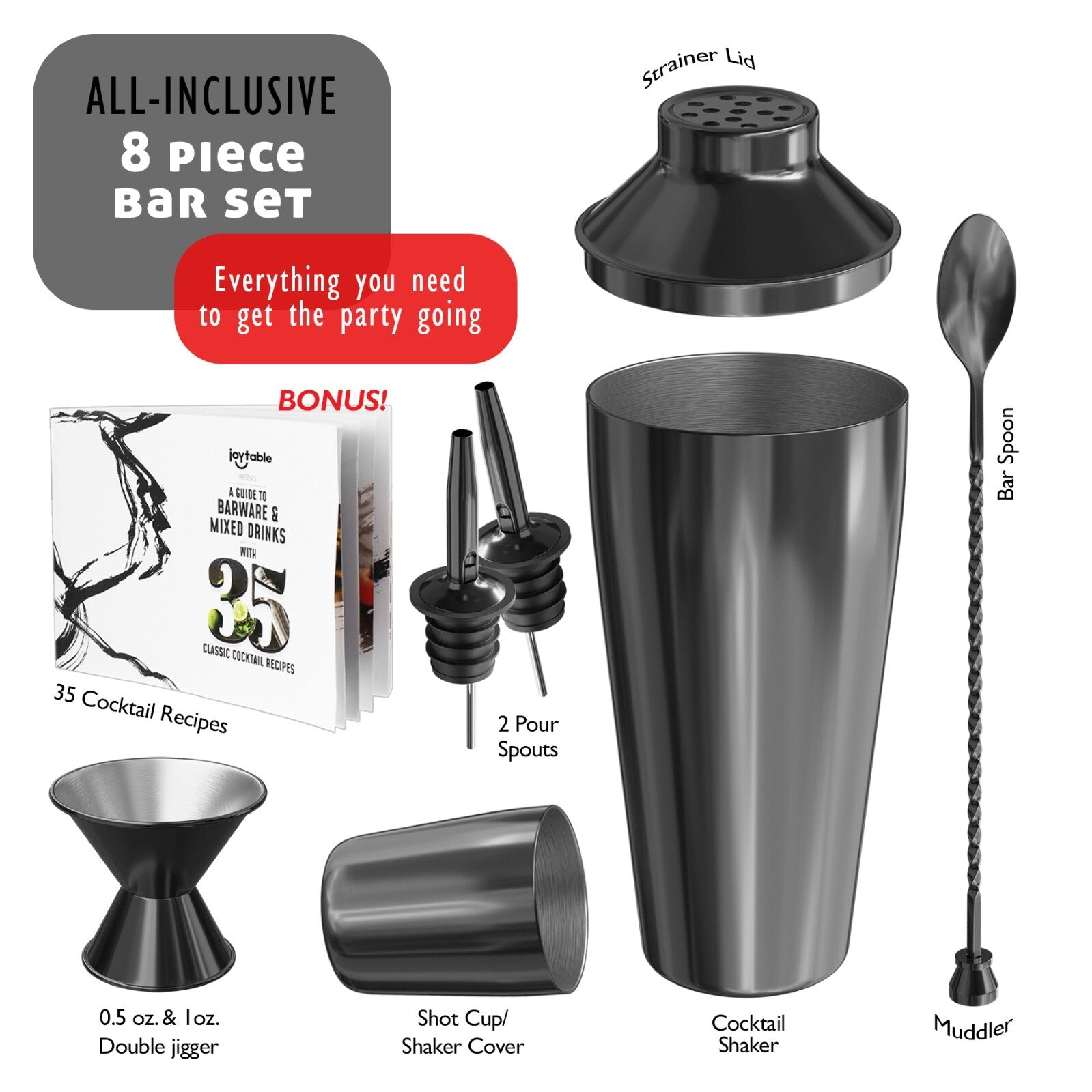 8 PC Bartender Kit, Complete Cocktail Shaker Bar Tools Set - Recipe Book & More