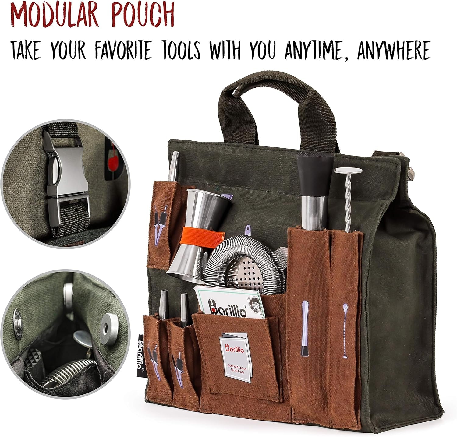 Bartender Wall Organizer with Bar Tool Set | Professional Bartender Kit with Waxed Canvas Organiser Including Portable Bar Bag for Cocktail Kit | Perfect for Home Bartending