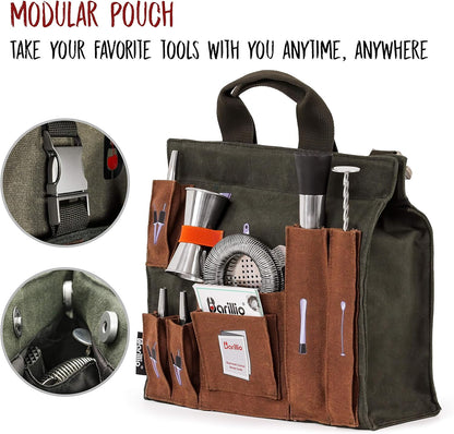 Bartender Wall Organizer with Bar Tool Set | Professional Bartender Kit with Waxed Canvas Organiser Including Portable Bar Bag for Cocktail Kit | Perfect for Home Bartending