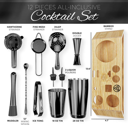12-Piece Black Cocktail Shaker Set with Bamboo Stand, Weighted 18 & 28Oz Boston Shakers, Cocktail Muddler, Mixing Spoon, Double Jigger and Strainer Set, Perfect Bartending Mixing Kit