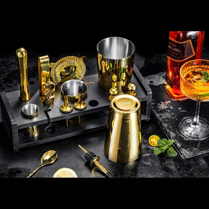 24-Piece Cocktail Shaker Set,Perfect Home Bartender Kit for Drink Mixing,Stainless Steel Bar Tools with Stand,Velvet Carry Bag & Recipes Cards Included (Gold)