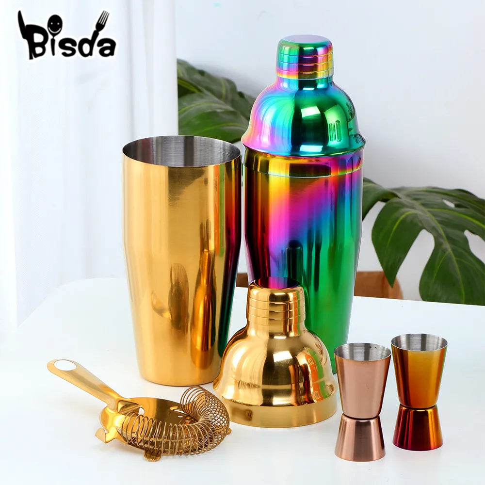 750Ml Stainless Steel Boston Cocktail Set Shaker Wine Pourers Gold Bar Tool Set with Strainer Measure Cup Bartender