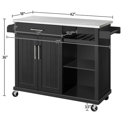 Kitchen Island Cart on Wheels with Stainless Steel Top & Open Shelves,Black
