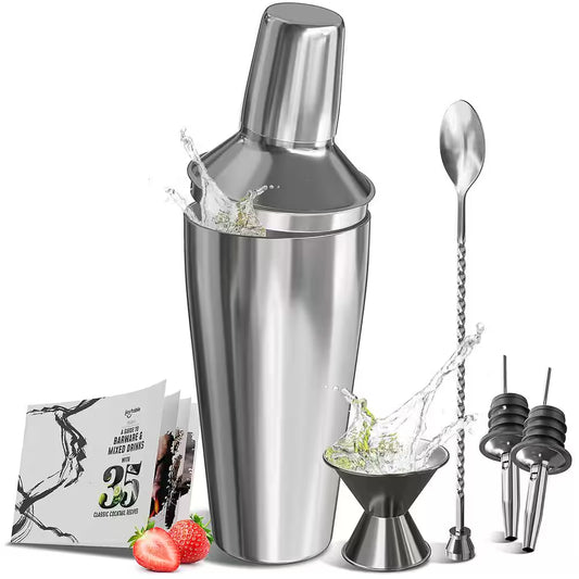 8-Piece Stainless Steel Bartender Kit - Bar Cocktail Shaker Set, 24 Oz. Martini Shaker, Book, Muddler, Jigger & Strainer