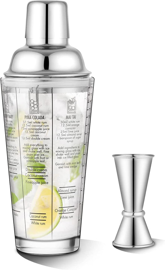 Glass Cocktail Shaker Printed with Recipes,14 Oz Martini Shaker with Double Measuring Jigger,18/8 Grade Stainless Steel Mixing Shaker,Leak-Proof Lid,Drink Shaker,Bartender Kit Gifts.