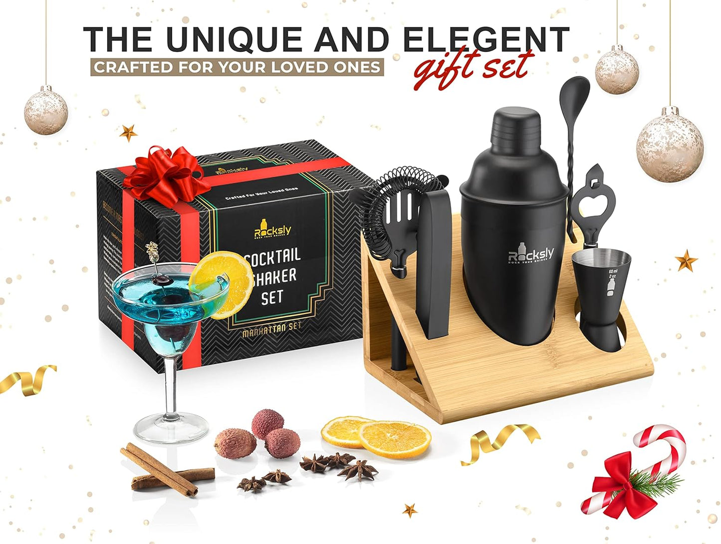 Mixology Bartender Kit and Cocktail Shaker Set for Drink Mixing | Mixology Set with 6 Bar Set Tools and Bamboo Stand Makes It the Perfect Home Cocktail Kit | Complete Bartender Kit (Black)
