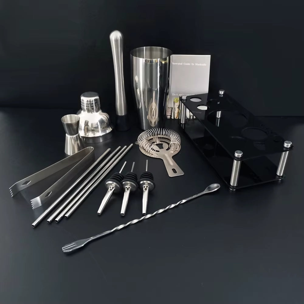 13 Piece 750Ml 600Ml Cocktail Shaker Set Stainless Steel Bar Tools with Black Stand, 750Ml Shaker, Jigger, Spoon, Pourers